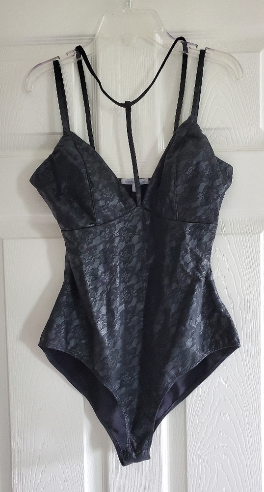 Sexy Leather Lace Snap Closure Bodysuit